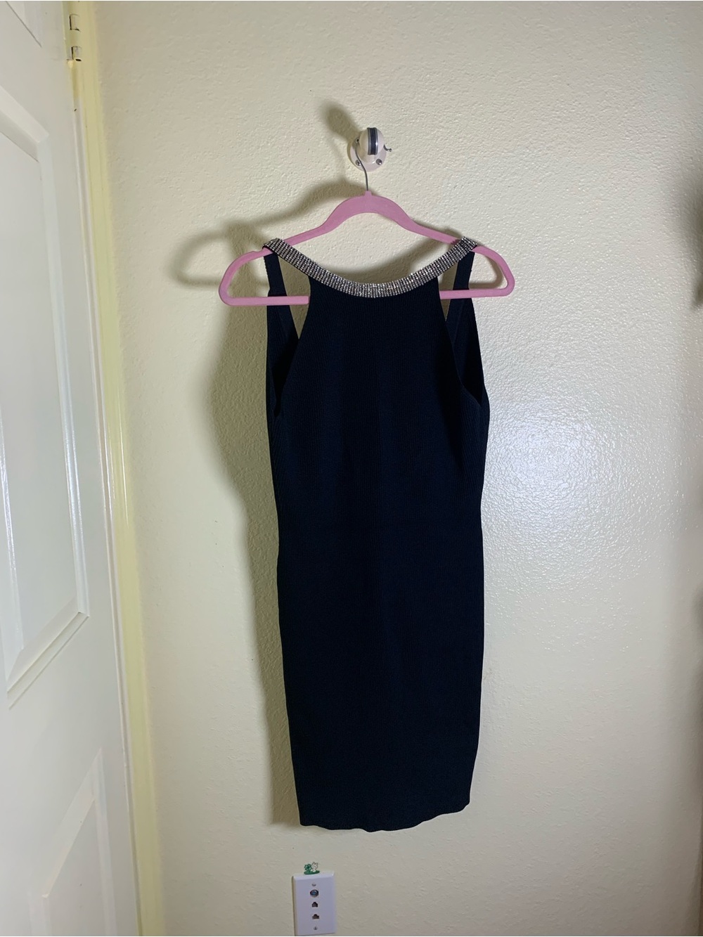 NWOT Endless Rose Black Midi Sheath Dress with Beaded Neckline, Size L
